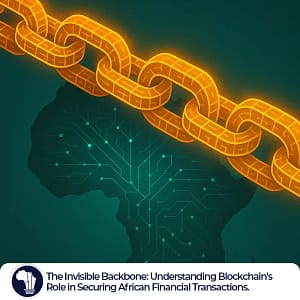 A visually striking digital illustration of glowing, interconnected blockchain blocks forming a strong, resilient chain. The chain elegantly drapes over a stylized, modern map of Africa, symbolizing continent-wide security, transparency, and financial protection. The vibrant glow of the blocks conveys the power of blockchain technology in reinforcing trust and safeguarding digital transactions across Africa._Blockchain featured image