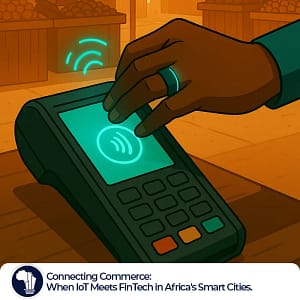 IoT FinTech Africa featured image_A close-up view of a hand wearing a sleek, futuristic smart ring as it taps on a digital POS terminal. In the background, a vibrant African market scene or café bustles with activity, symbolizing the seamless integration of everyday commerce with advanced IoT and FinTech technologies in Africa’s smart cities.