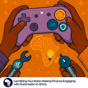 Gamified African Finance featured image_A close-up of hands holding a video game controller that’s creatively redesigned with financial symbols instead of traditional buttons. The controller features a piggy bank (savings), a rising graph (investment), a shield (insurance), and a lightbulb (financial literacy), all in vibrant colors. The background is dynamic and energetic, emphasizing the fun and engaging side of managing money through gamified automation in Africa.