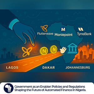 Nigerian Finance Regulation featured image_An oversized hand symbolizing government regulation hovers over a glowing, circuit-like highway. On the road below, colorful FinTech startup icons—mobile wallets, data charts, and currency symbols—move forward, illustrating how policy paves the way for automated finance innovation in Nigeria.