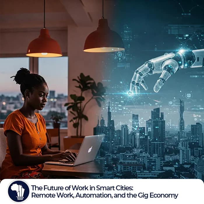 Interconnected icons representing remote work (laptop with location pin), automation (robotic arm), and the gig economy (handshake) overlaid on a stylized African cityscape, symbolizing the future of work in smart cities across Africa. Future Work Smart Cities featured image