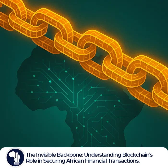 A visually striking digital illustration of glowing, interconnected blockchain blocks forming a strong, resilient chain. The chain elegantly drapes over a stylized, modern map of Africa, symbolizing continent-wide security, transparency, and financial protection. The vibrant glow of the blocks conveys the power of blockchain technology in reinforcing trust and safeguarding digital transactions across Africa._Blockchain featured image