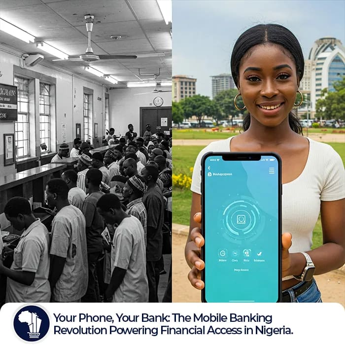 A split-screen image dramatically contrasts past and present banking in Nigeria. The left panel is a grainy black and white photo of a crowded, stuffy 1990s bank hall with a long queue of visibly bored Nigerians under harsh fluorescent lights. The right panel is a vibrant, full-colour shot of a stylish young Nigerian woman in a modern park, smiling confidently as she looks at a mobile banking app on her smartphone, symbolizing convenience and a futuristic approach. Mobile Banking Nigeria