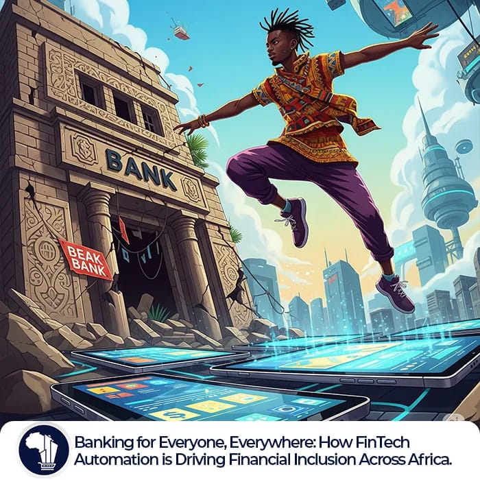 Africa Financial Inclusion featured image_An inspiring illustration symbolizing "financial leapfrogging" in Africa. A person gracefully leaps over a crumbling, old-fashioned bank building and lands on a sleek, modern platform made of interconnected digital devices, representing the jump from traditional banking to modern FinTech solutions.