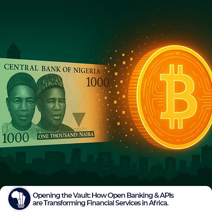 Cryptocurrency DeFi Africa featured image_A physical Nigerian Naira note on the left gradually morphs into a glowing, digital cryptocurrency coin on the right. The background showcases a modern African cityscape, symbolizing the seamless transition from traditional currency to the automated digital financial frontier in Nigeria.