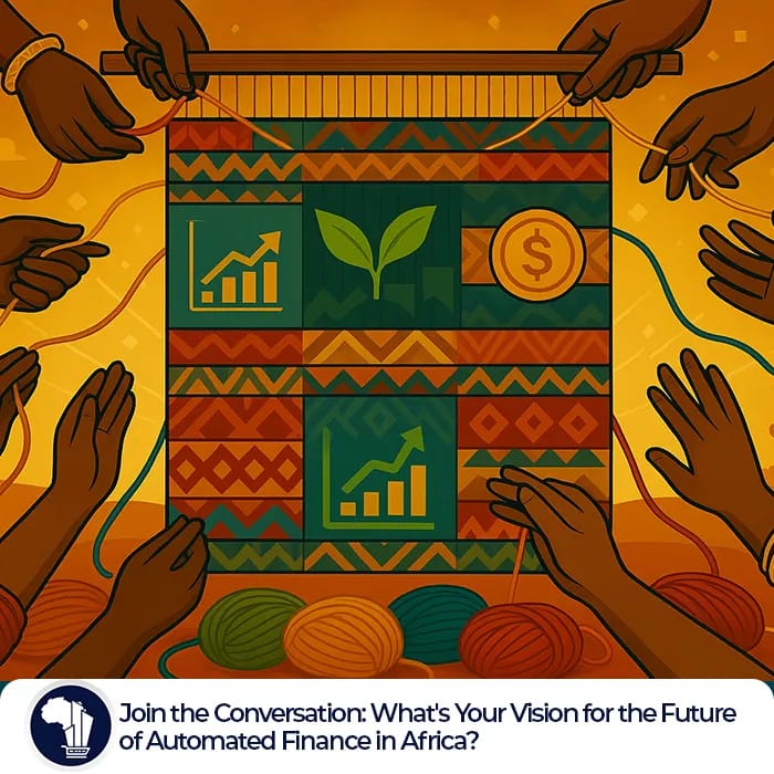 Africa Finance Vision featured image_A vibrant illustration of multiple hands weaving a giant African tapestry on a wooden loom. The tapestry combines traditional geometric patterns with modern FinTech symbols like a sprout, coin, and growth chart. Each colorful thread—red, teal, gold—is held by diverse hands wearing cultural bracelets and clothing, symbolizing collective contribution to Africa’s financial future through both heritage and innovation.