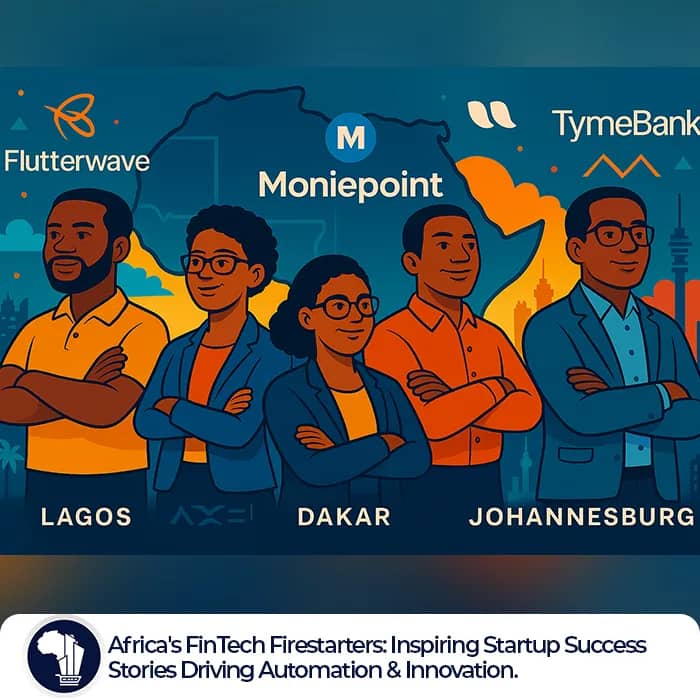 Africa's FinTech Firestarters featured image_Stylized portraits of African FinTech founders stand tall and confident against vivid, city-specific skylines—Flutterwave in Lagos, Moniepoint in Abuja, Wave in Dakar, and TymeBank in Johannesburg. Each figure is framed by digital elements like glowing lines, financial icons, and startup sparks, symbolizing innovation and leadership. The scene is colorful, panoramic, and celebratory—evoking the rise of Africa’s FinTech giants.