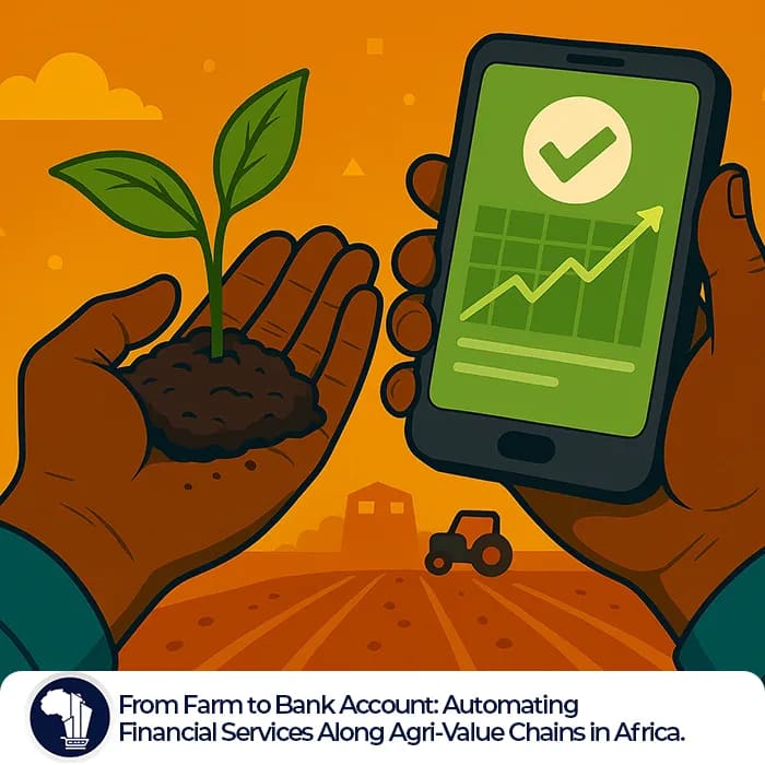 Agri-FinTech Africa featured image_Close-up of a farmer’s hands in a vivid, sunlit field. One hand holds nutrient-rich soil with a small green sprout emerging, symbolizing growth. The other hand displays a smartphone screen showing a successful mobile transaction, connecting agriculture with digital financial empowerment across Africa. The overall mood is hopeful, emphasizing the fusion of nature and technology.