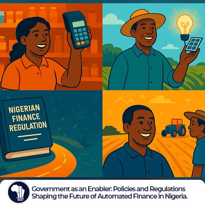 Automated Finance in Africa featured image_A collage of four portraits: a smiling female shopkeeper proudly holding up her POS terminal; a farmer standing in a field holding a solar-powered lightbulb; a ride-hailing driver smiling behind the wheel of her car; and a farmer overseeing a tractor as it tills the land.