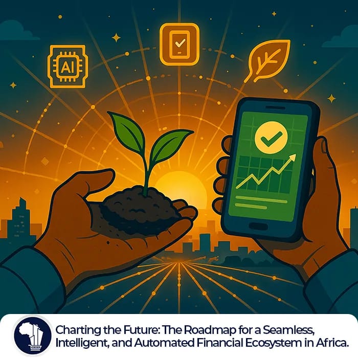 Future of African FinTech featured image_A futuristic sunrise glows over a stylized African cityscape—possibly Lagos or Nairobi—bathed in vibrant hues of orange and digital blue. The sun’s rays are rendered as glowing data streams arching across the skyline, while holographic icons float in the sky representing emerging trends like AI, Super Apps, and Green FinTech. The mood is visionary, symbolizing Africa’s rise into a seamless and intelligent financial future.