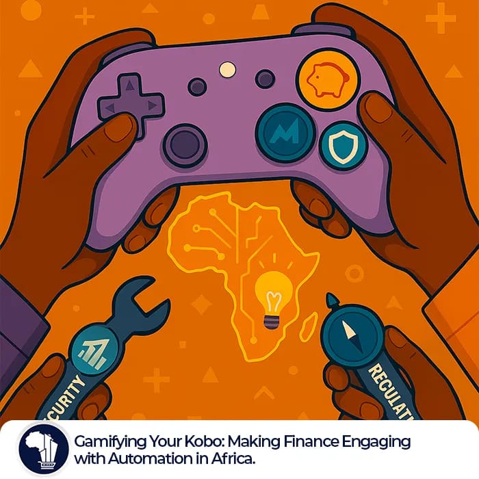 Gamified African Finance featured image_A close-up of hands holding a video game controller that’s creatively redesigned with financial symbols instead of traditional buttons. The controller features a piggy bank (savings), a rising graph (investment), a shield (insurance), and a lightbulb (financial literacy), all in vibrant colors. The background is dynamic and energetic, emphasizing the fun and engaging side of managing money through gamified automation in Africa.